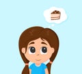 Little cartoon girl vector illustration. The girl thinks about the sweets of the cake.